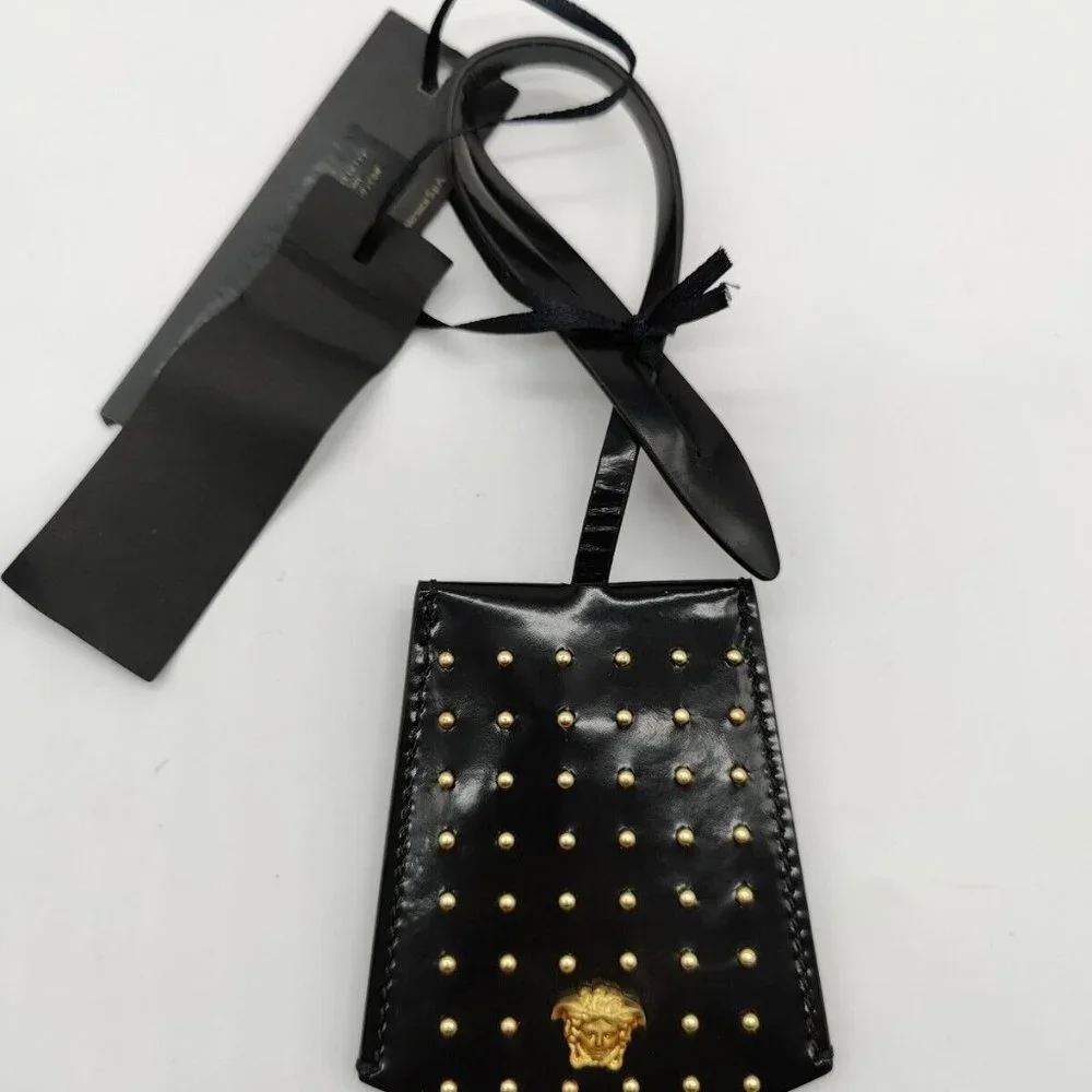Versace Medusa Black Leather Gold Medusa Luggage Tag Name ID Address Bag Studded